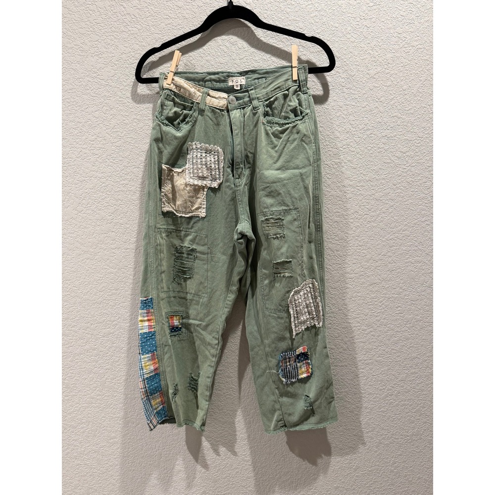 POL Cottagecore Patchwork Cropped Pants Green Wom… - image 1